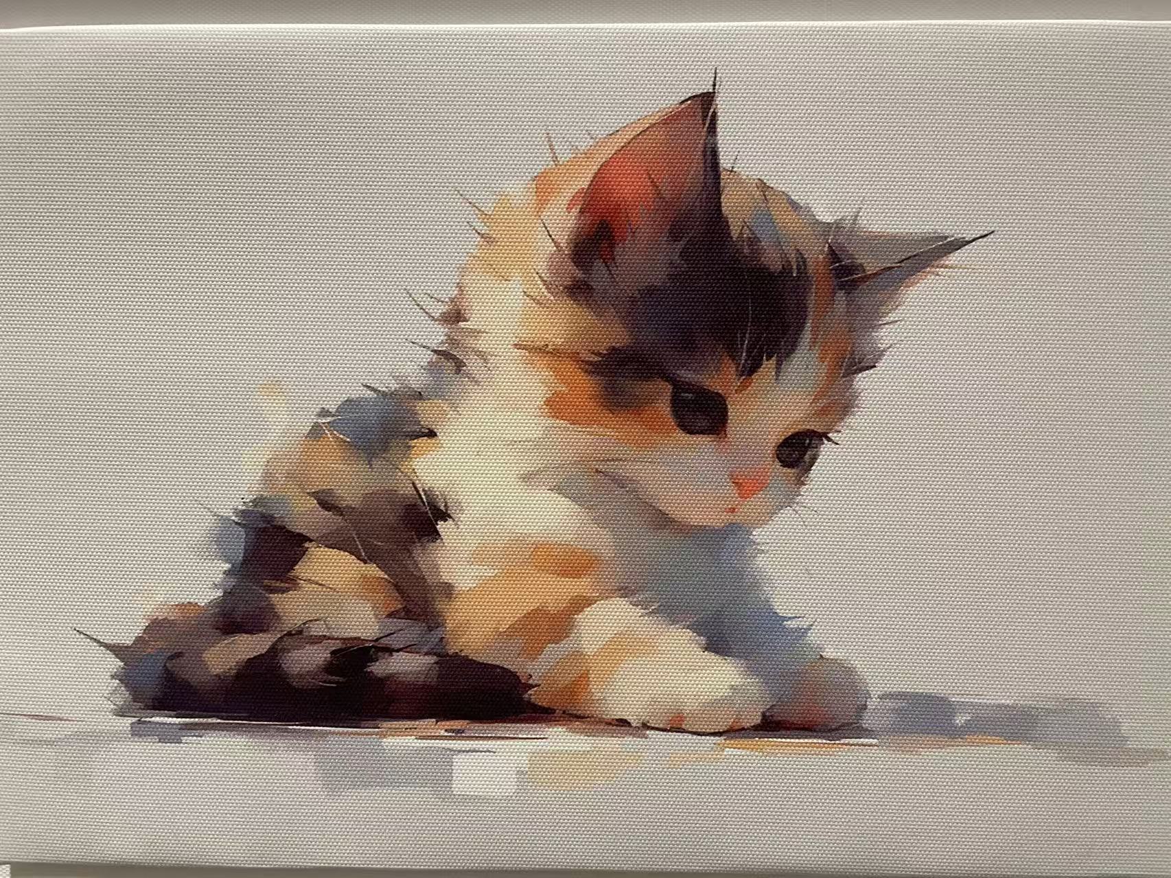 一只安静坐着的三花小猫插画,带有细腻的织物纹理